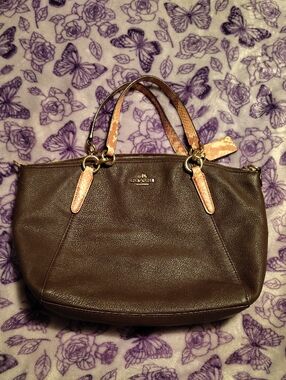 Coach Brown Leather Shoulder Bag with Pink Accent Handles